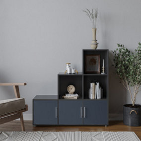 URBNLIVING 91cm Height 6 Cube Step Black Storage Bookcase Shelf Unit Grey Wooden Door With Metal Handle