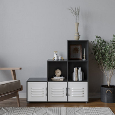 URBNLIVING 91cm Height 6 Cube Step Black Storage Bookcase Shelf Unit Metal White Door