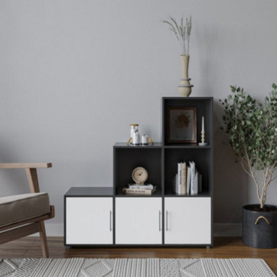 URBNLIVING 91cm Height 6 Cube Step Black Storage Bookcase Shelf Unit White Wooden Door With Metal Handle