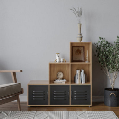 URBNLIVING 91cm Height 6 Cube Step Oak Storage Bookcase Shelf Unit Metal Black Door