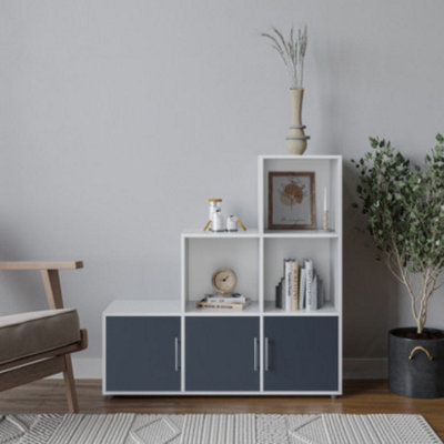 URBNLIVING 91cm Height 6 Cube Step White Storage Bookcase Shelf Unit Grey Wooden Door With Metal Handle