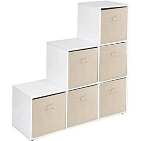 URBNLIVING 91cm Height 6 Cube Step White Storage Bookcase Unit Shelf Beige Drawers Baskets