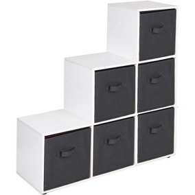 URBNLIVING 91cm Height 6 Cube Step White Storage Bookcase Unit Shelf Black Drawers Baskets