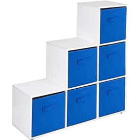 URBNLIVING 91cm Height 6 Cube Step White Storage Bookcase Unit Shelf Dark Blue Drawers Baskets