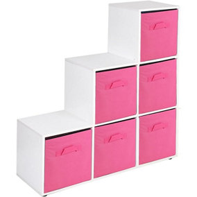 URBNLIVING 91cm Height 6 Cube Step White Storage Bookcase Unit Shelf Dark Pink Drawers Baskets