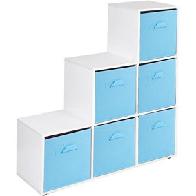 URBNLIVING 91cm Height 6 Cube Step White Storage Bookcase Unit Shelf Light Blue Drawers Baskets