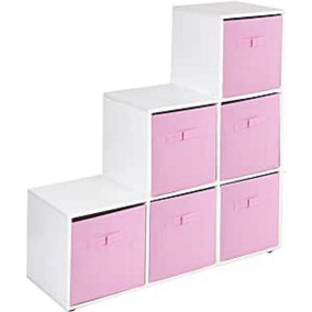URBNLIVING 91cm Height 6 Cube Step White Storage Bookcase Unit Shelf Light Pink Drawers Baskets