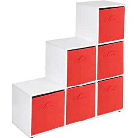 URBNLIVING 91cm Height 6 Cube Step White Storage Bookcase Unit Shelf Red Drawers Baskets