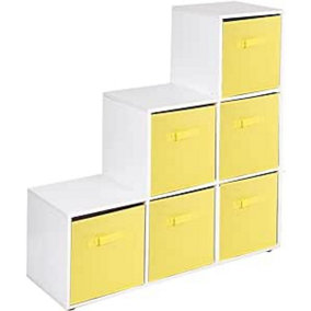 URBNLIVING 91cm Height 6 Cube Step White Storage Bookcase Unit Shelf Yellow Drawers Baskets
