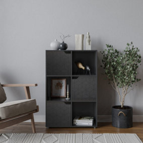 URBNLIVING 91cm Height 6 Cubes Black Wooden Bookcase Display Shelf Storage Cabinet With Modern Geo Black Door