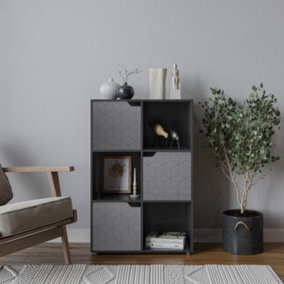 URBNLIVING 91cm Height 6 Cubes Black Wooden Bookcase Display Shelf Storage Cabinet With Modern Geo Grey Door