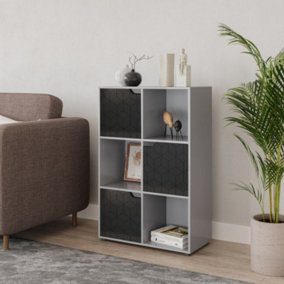 URBNLIVING 91cm Height 6 Cubes Grey Wooden Bookcase Display Shelf Storage Cabinet With Modern Geo Black Door