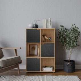 URBNLIVING 91cm Height 6 Cubes Oak Wooden Bookcase Display Shelf Storage Cabinet With Modern Geo Black Door