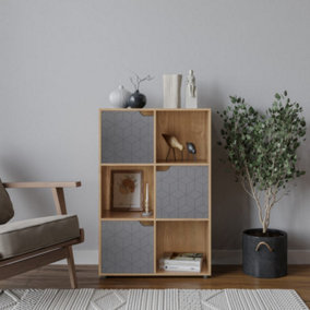 URBNLIVING 91cm Height 6 Cubes Oak Wooden Bookcase Display Shelf Storage Cabinet With Modern Geo Grey Door