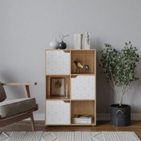URBNLIVING 91cm Height 6 Cubes Oak Wooden Bookcase Display Shelf Storage Cabinet With Modern Geo White Door