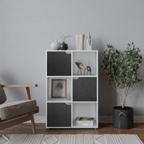 URBNLIVING 91cm Height 6 Cubes White Wooden Bookcase Display Shelf Storage Cabinet With Modern Geo Black Door