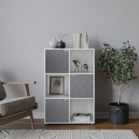 URBNLIVING 91cm Height 6 Cubes White Wooden Bookcase Display Shelf Storage Cabinet With Modern Geo Grey Door