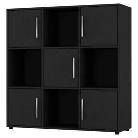 URBNLIVING 91cm Height 9 Cube Bookcase Black Wood Door Metal Handle Display Storage Shelf
