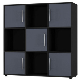 URBNLIVING 91cm Height 9 Cube Bookcase Black Wood Grey Door Metal Handle Display Storage Shelf