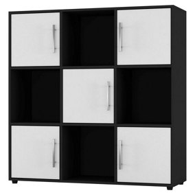 URBNLIVING 91cm Height 9 Cube Bookcase Black Wood White Door Metal Handle Display Storage Shelf