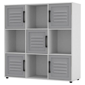 URBNLIVING 91cm Height 9 Cube Bookcase Grey Metal Door Shelf Storage Unit Shelving Cupboard White