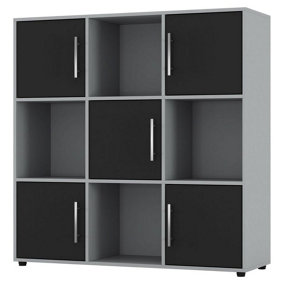 URBNLIVING 91cm Height 9 Cube Bookcase Grey Wood Black Door Metal Handle Display Storage Shelf