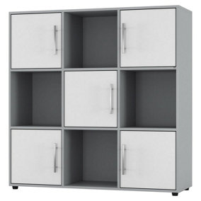 URBNLIVING 91cm Height 9 Cube Bookcase Grey Wood White Door Metal Handle Display Storage Shelf