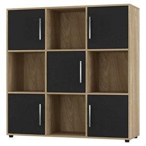 URBNLIVING 91cm Height 9 Cube Bookcase Oak Wood Black Door Metal Handle Display Storage Shelf