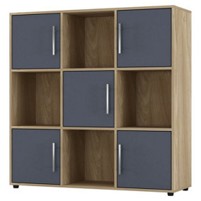 URBNLIVING 91cm Height 9 Cube Bookcase Oak Wood Grey Door Metal Handle Display Storage Shelf