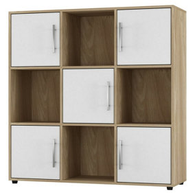 URBNLIVING 91cm Height 9 Cube Bookcase Oak Wood White Door Metal Handle Display Storage Shelf