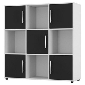 URBNLIVING 91cm Height 9 Cube Bookcase White Wood Black Door Metal Handle Display Storage Shelf