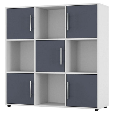 URBNLIVING 91cm Height 9 Cube Bookcase White Wood Grey Door Metal Handle Display Storage Shelf