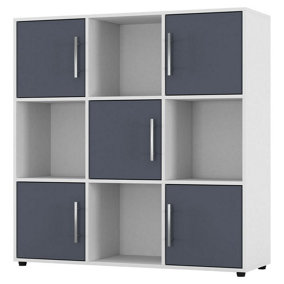 URBNLIVING 91cm Height 9 Cube Bookcase White Wood Grey Door Metal Handle Display Storage Shelf