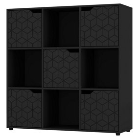 URBNLIVING 91cm Height 9 Cubes Black Wooden Bookcase Display Shelf Storage Cabinet With Modern Geo Black Door