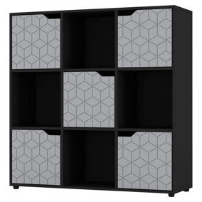 URBNLIVING 91cm Height 9 Cubes Black Wooden Bookcase Display Shelf Storage Cabinet With Modern Geo Grey Door