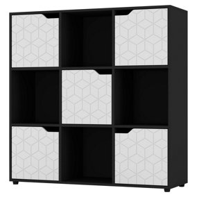 URBNLIVING 91cm Height 9 Cubes Black Wooden Bookcase Display Shelf Storage Cabinet With Modern Geo White Door