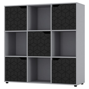 URBNLIVING 91cm Height 9 Cubes Grey Wooden Bookcase Display Shelf Storage Cabinet With Modern Geo Black Door