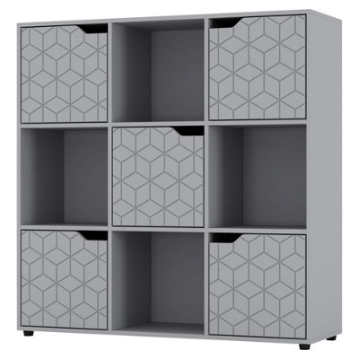 URBNLIVING 91cm Height 9 Cubes Grey Wooden Bookcase Display Shelf Storage Cabinet With Modern Geo Grey Door