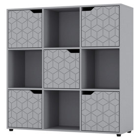 URBNLIVING 91cm Height 9 Cubes Grey Wooden Bookcase Display Shelf Storage Cabinet With Modern Geo Grey Door