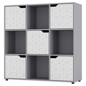 URBNLIVING 91cm Height 9 Cubes Grey Wooden Bookcase Display Shelf Storage Cabinet With Modern Geo White Door