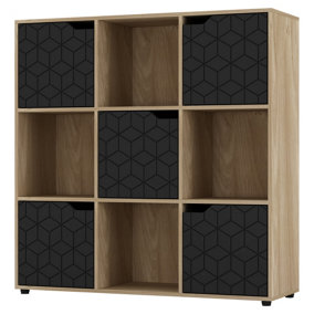 URBNLIVING 91cm Height 9 Cubes Oak Wooden Bookcase Display Shelf Storage Cabinet With Modern Geo Black Door
