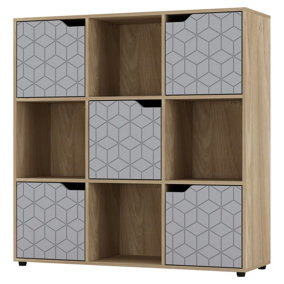 URBNLIVING 91cm Height 9 Cubes Oak Wooden Bookcase Display Shelf Storage Cabinet With Modern Geo Grey Door
