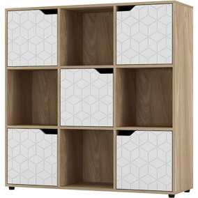 URBNLIVING 91cm Height 9 Cubes Oak Wooden Bookcase Display Shelf Storage Cabinet With Modern Geo White Door