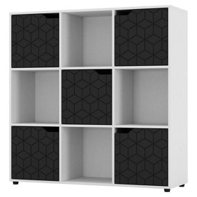 URBNLIVING 91cm Height 9 Cubes White Wooden Bookcase Display Shelf Storage Cabinet With Modern Geo Black Door