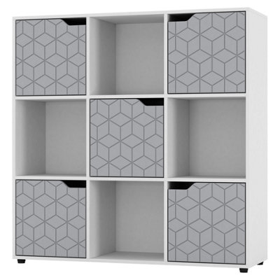 URBNLIVING 91cm Height 9 Cubes White Wooden Bookcase Display Shelf Storage Cabinet With Modern Geo Grey Door