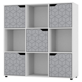 URBNLIVING 91cm Height 9 Cubes White Wooden Bookcase Display Shelf Storage Cabinet With Modern Geo Grey Door