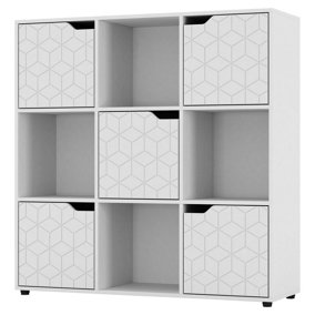 URBNLIVING 91cm Height 9 Cubes White Wooden Bookcase Display Shelf Storage Cabinet With Modern Geo White Door