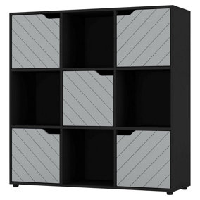 URBNLIVING 91cm Height Black Wooden Cube Bookcase with Grey Line Door Display Shelf Storage Shelving Cupboard