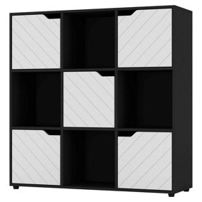 URBNLIVING 91cm Height Black Wooden Cube Bookcase with White Line Door Display Shelf Storage Shelving Cupboard