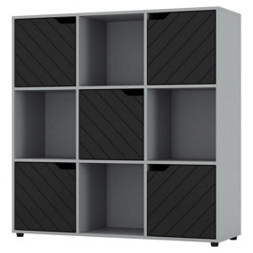 URBNLIVING 91cm Height Grey Wooden Cube Bookcase with Black Line Door Display Shelf Storage Shelving Cupboard